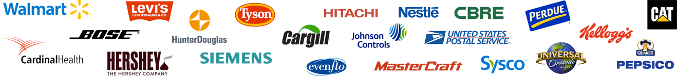 Company logos that trust Bridgemart including Walmart, Levi's, Tyson, Hitachi, Nestlé, CBRE, Perdue, CAT, Cardinal Health, Hershey, Siemens, Evenflo, MasterCraft, Sysco, Universal Orlando, Kellogg's and PepsiCo