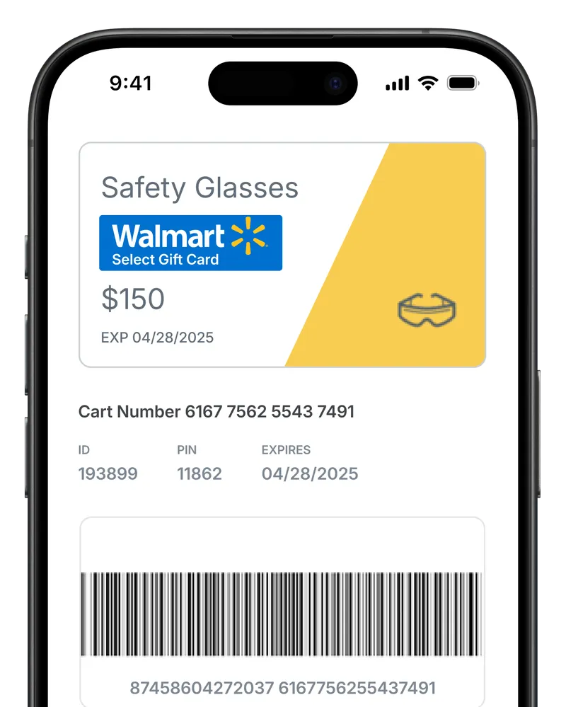 Digital payment card showing Safety Glasses Walmart Select Gift Card